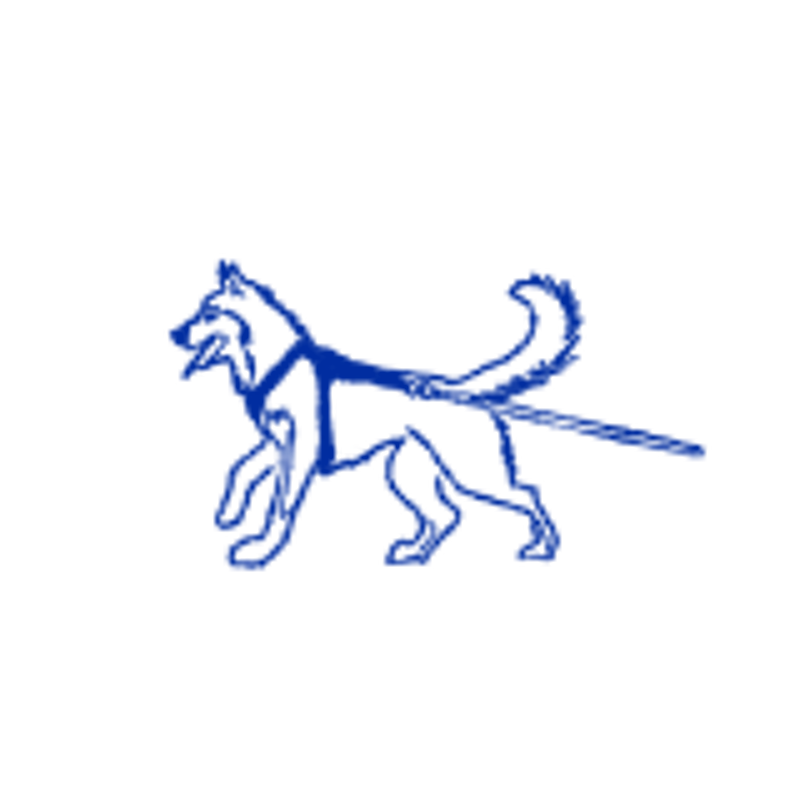 The image shows a blue, stylized drawing of a dog against a black background. The dog is in a standing position, depicted with simple lines that outline its body, head, and tail. The style is reminiscent of a sketch or an icon, with a minimalist approach to detail. The dog's posture is alert, with its tail slightly raised, suggesting a sense of watchfulness or readiness.